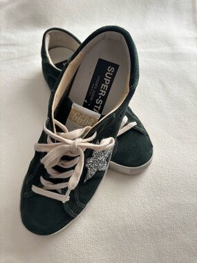 Golden Goose Women's Dark Green Suede Sneakers with Silver Glitter Star